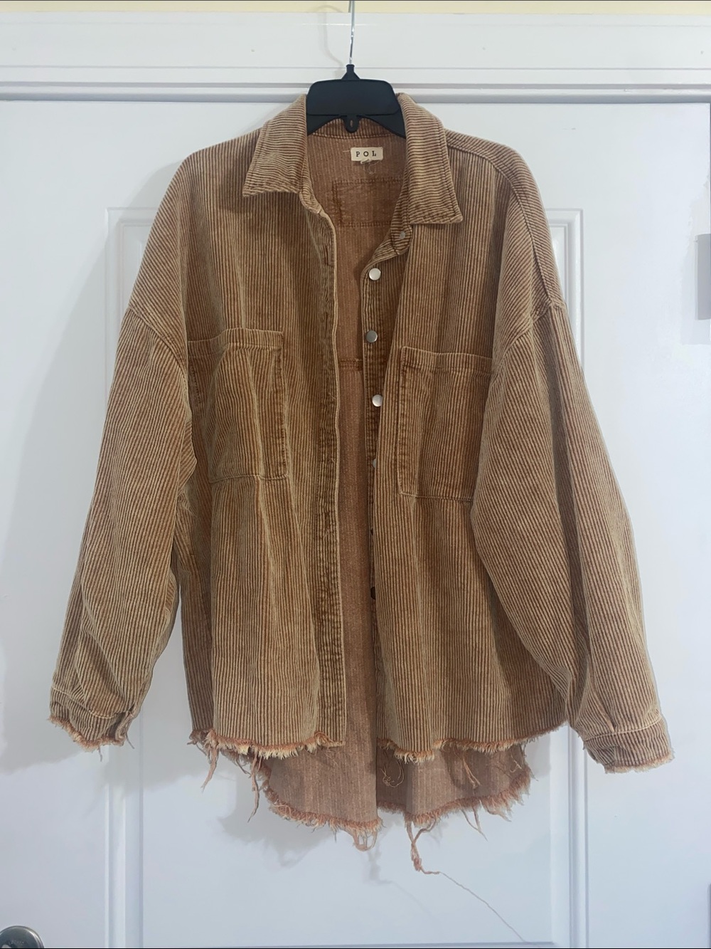 POL Distressed Corduroy Button-Up Jacket in Camel
